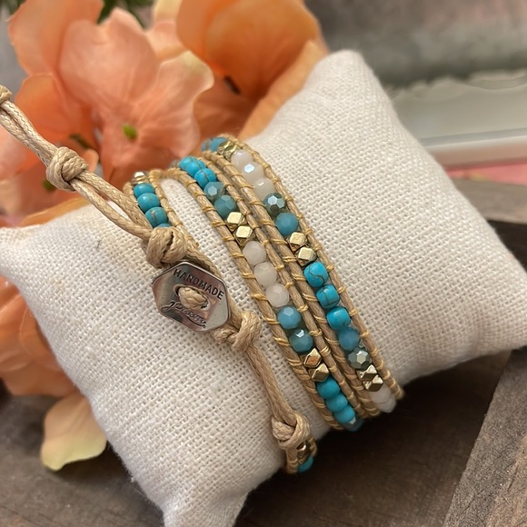 JBloom Teal, White, Gold Beaded wrap - Picture 3 of 5